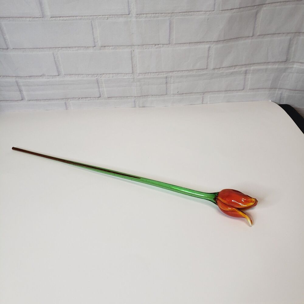 Vintage Lampwork Art Glass Long Stem Orange Tulip Flower 19" Sculpture